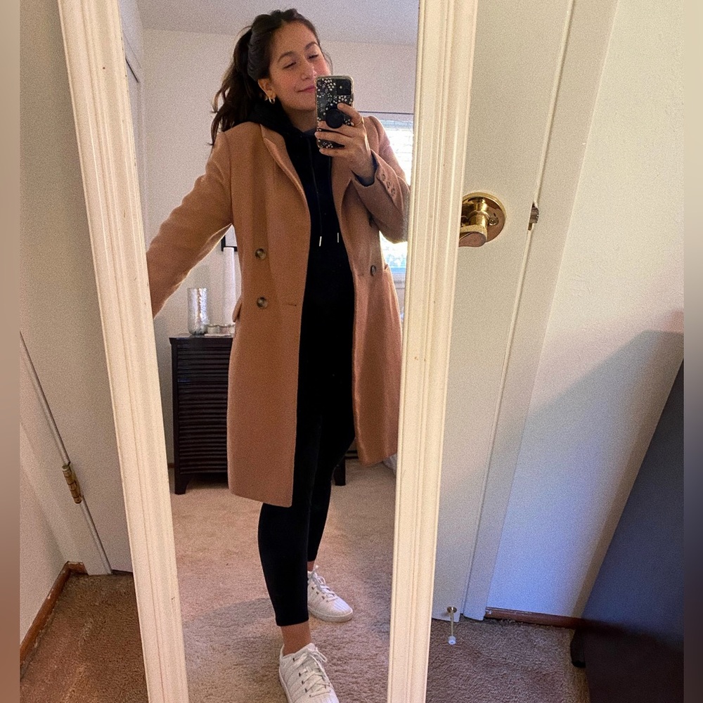 Topshop Camel Peacoat, Size 8/Size Medium